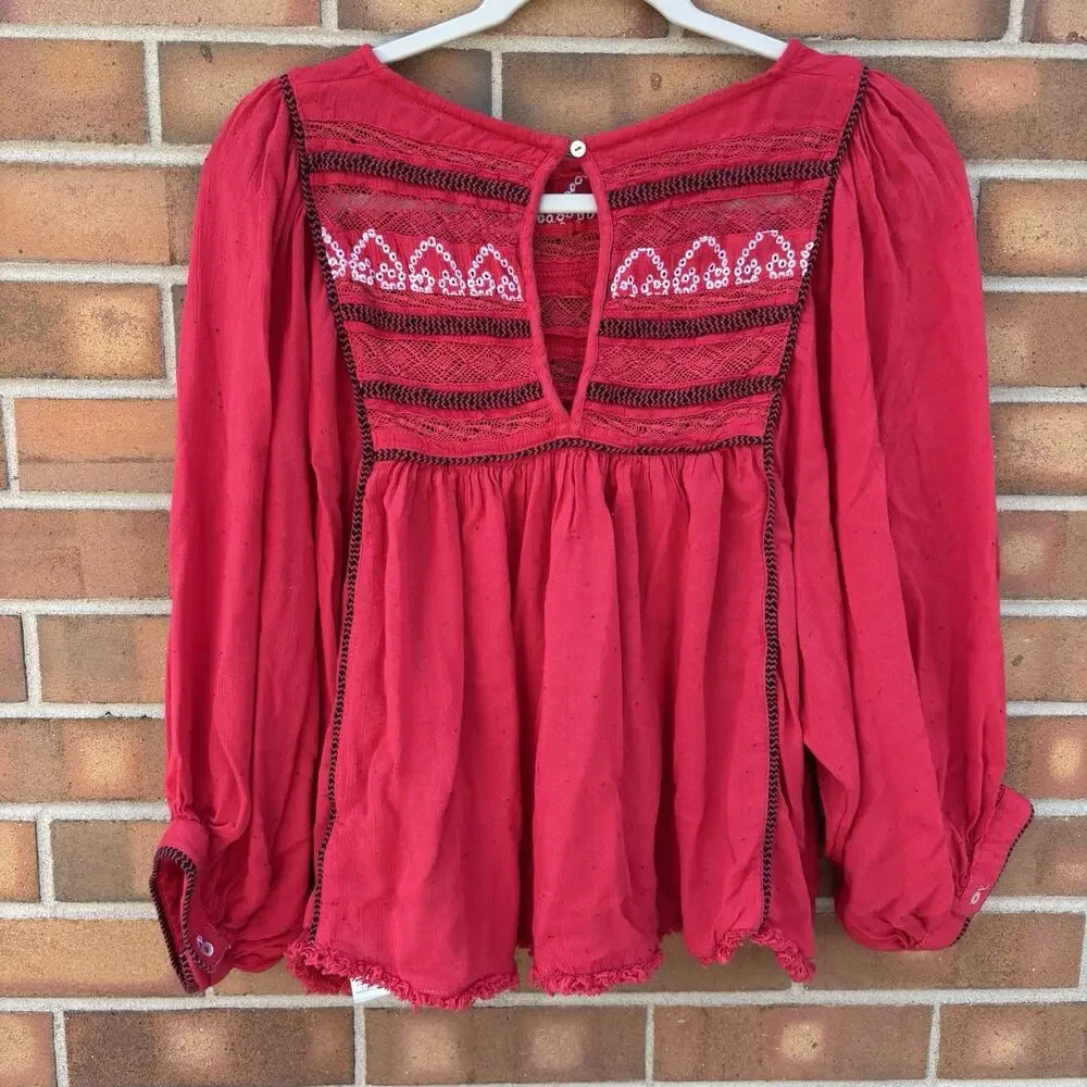 Free People Cyprus Avenue Embroidery Red Boho Long Sleeve Top Sz Large